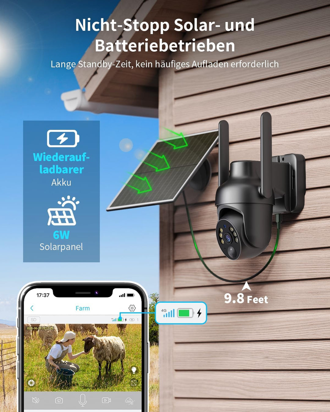 SEHMUA 4G LTE Überwachungskamera Aussen Solar, 2K HD PTZ Kabellos Kamera Ohne WLAN Outdoor Akku, 355