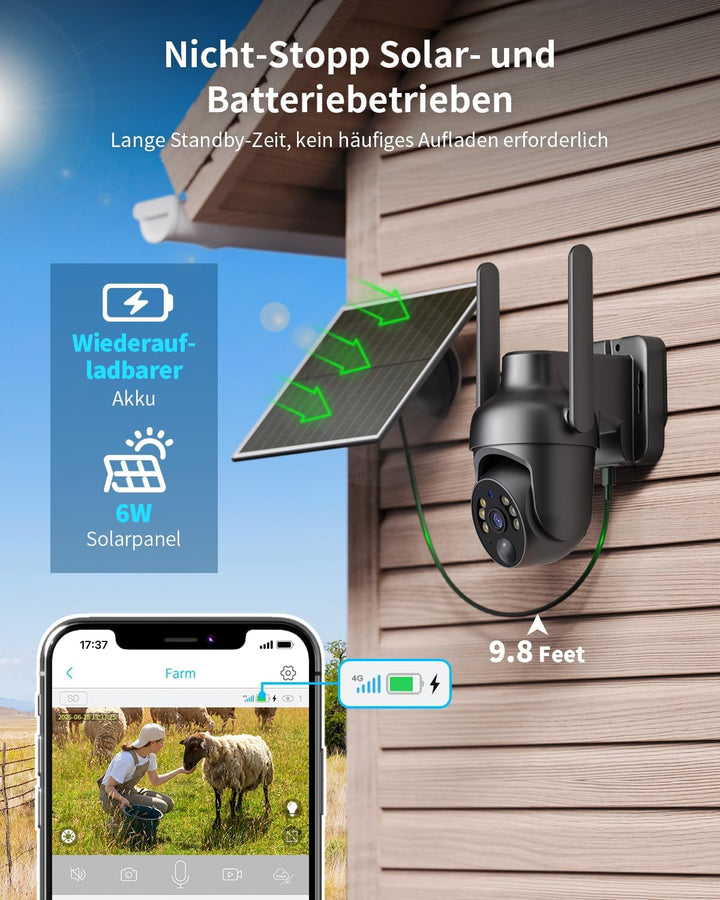 SEHMUA 4G LTE Überwachungskamera Aussen Solar, 2K HD PTZ Kabellos Kamera Ohne WLAN Outdoor Akku, 355