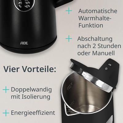 ADE Energiesparender Wasserkocher mit Temperatureinstellung 40-100°C | 1,5 l | Edelstahl | BPA-frei