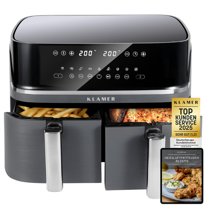 KLAMER Heissluftfritteuse Duo 9 L – Doppelkammer Airfryer mit 2 Körben & Digitaldisplay, 10 Automati