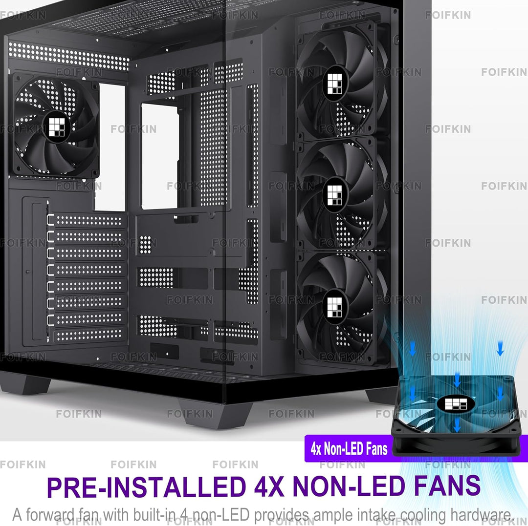 FOIFKIN PC Gehäuse - Vorinstallierte 3 PWM ohne RGB-Lüfter, ATX Mid-Tower Gaming PC Gehäuse, 270° Pa
