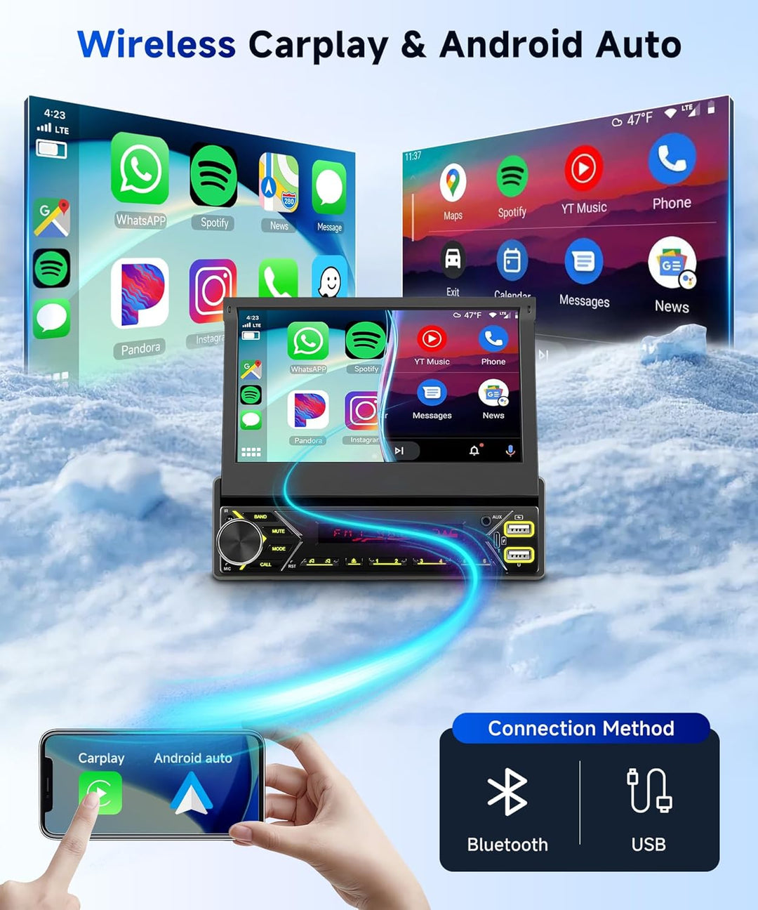 Hodozzy DAB Autoradio 1 Din Wireless Carplay Android Auto mit Automatisch Einziehbarem 7 Zoll Bildsc