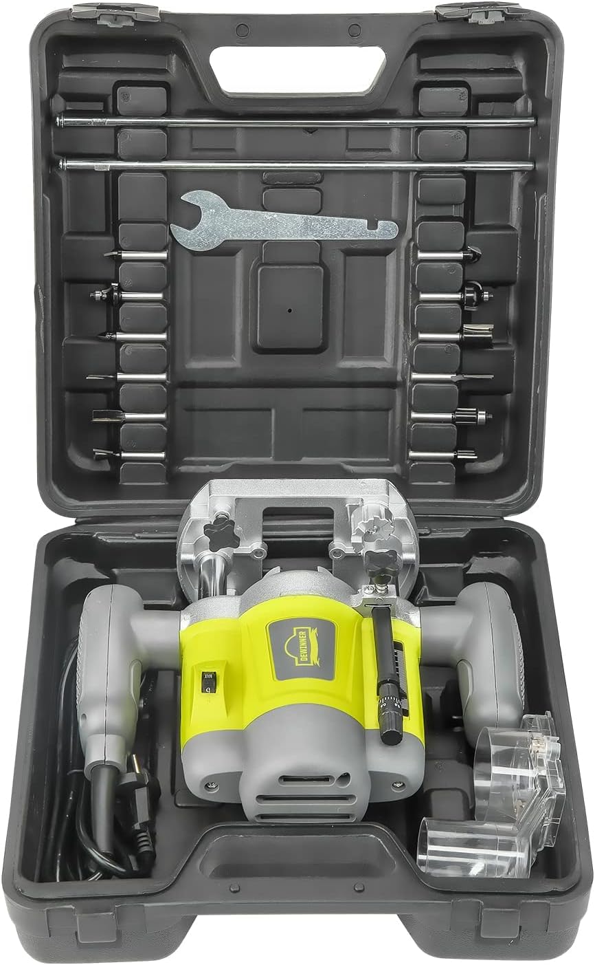 DEWINNER Elektronik Oberfräse Fräser 1200W,Ø 6 und 8 mm,Drehzahlregelung, Parallelanschlag, Absaugad