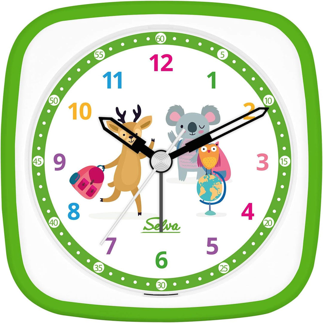 SELVA Quarzwecker für die Einschulung mit REH, Koala und Eule Motiv grün/weiss. Schleichende Sekunde