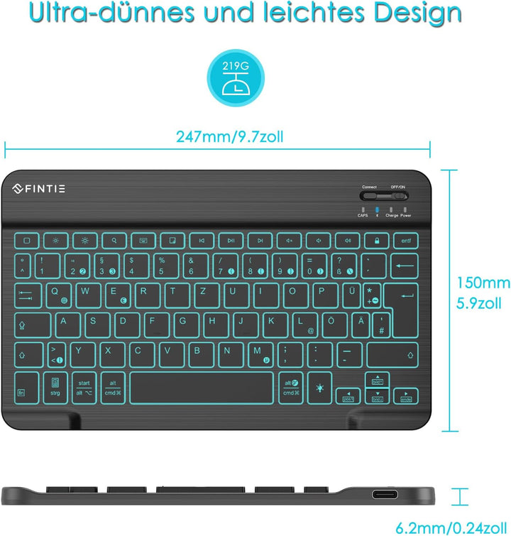 Fintie Beleuchtete Tablet Tastatur (Deutsches Layout QWERTZ), 10 Zoll Bluetooth Tastatur mit Hinterg