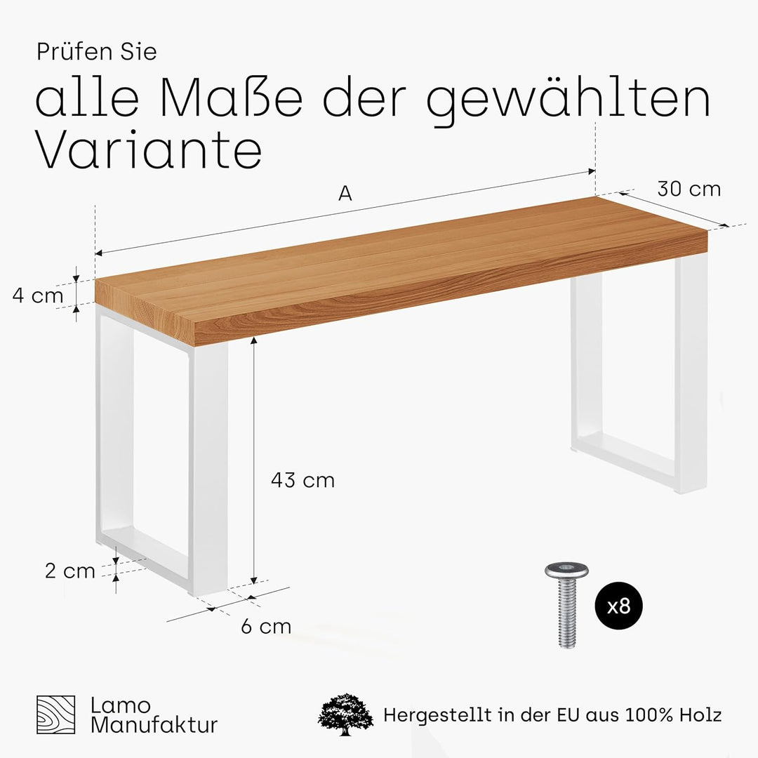 LAMO Manufaktur Sitzbank Esszimmer Holzbank 30x60x47 cm, Möbelfüsse Simple Weiss/Rustikal, LSB-01-A-