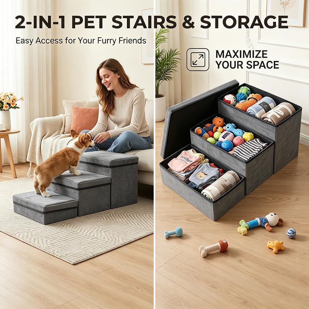 Haustiertreppe, Treppenstufen Matten mit Stauraum, Hundetreppe Klappbar, Maximale Tragfähigkeit 50 k