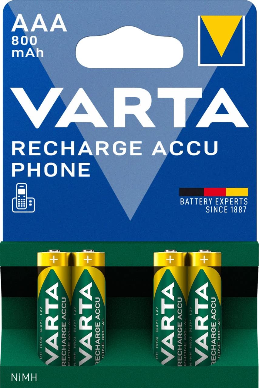 VARTA Batterien AAA, wiederaufladbar, 4 Stück, Recharge Accu Phone, Akku, 800 mAh NI-MH, sofort eins