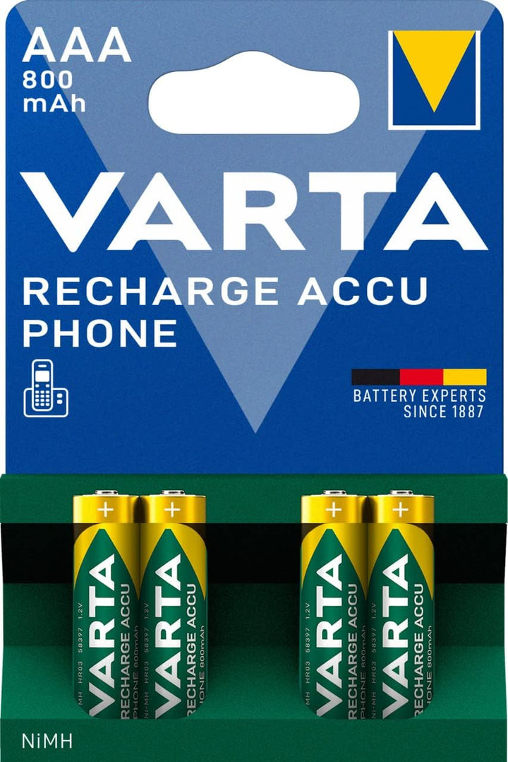 VARTA Batterien AAA, wiederaufladbar, 4 Stück, Recharge Accu Phone, Akku, 800 mAh NI-MH, sofort eins