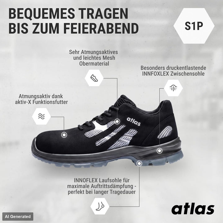Atlas Flash 2005 | ESD S1P Arbeits-ind Sicherheitsschuhe 41 EU Schwarz Rot, 41 EU Schwarz Rot