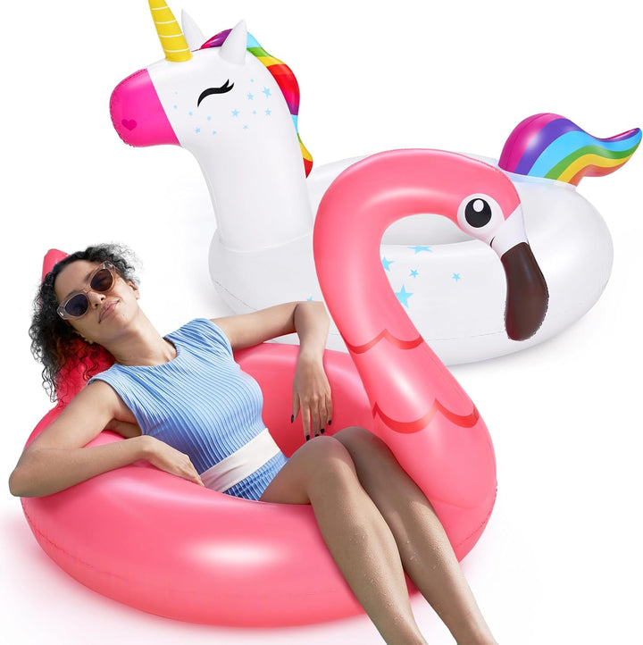 SLOOSH Einhorn-Flamingo-Schwimmring für den Pool – 2Pack aufblasbare Schwimmreifen mit Kopfstütze, S