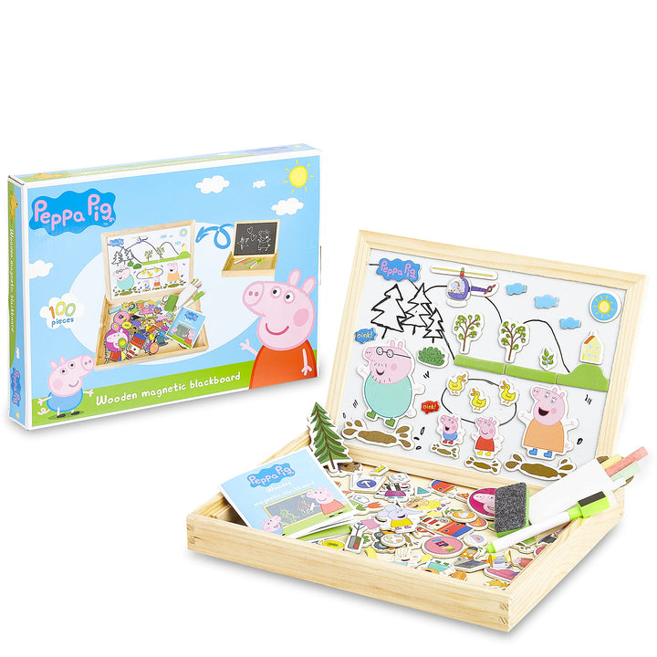 Peppa Pig Magnetische Holzpuzzle, Doppelseitiger Kreide und Magnettafel Kinder, Puzzle und Maltafel