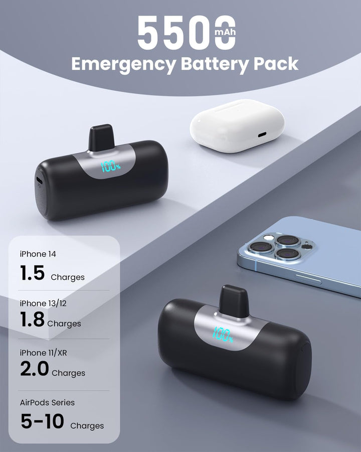 Mini Powerbank für iPhone 5500mAh, Klein Power Bank Kompakt 22.5W PD 3.0A Schnelles Aufladen Akkupac