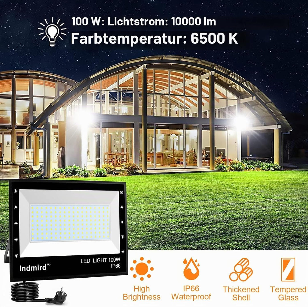 Indmird LED Strahler Aussen 100W, 2 Stücke Superhell 10000LM LED Fluter 6500K Kaltweiss LED Scheinwe
