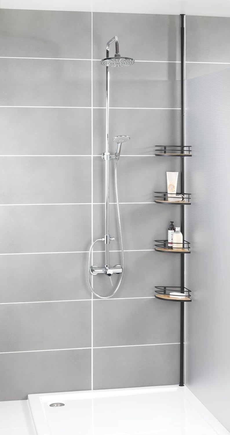 WENKO Teleskop-Eckregal Mod. Dolcedo Bambus, klemmbares Badregal mit 4 Ablagen für Shampoo, Duschgel