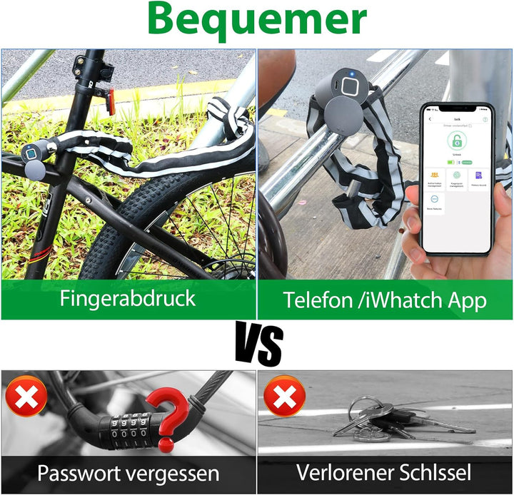 Elektroroller Schloss eLinkSmart Bike Chain Lock Fingerabdruck App Unlock Heavy Duty Anti-Diebstahl