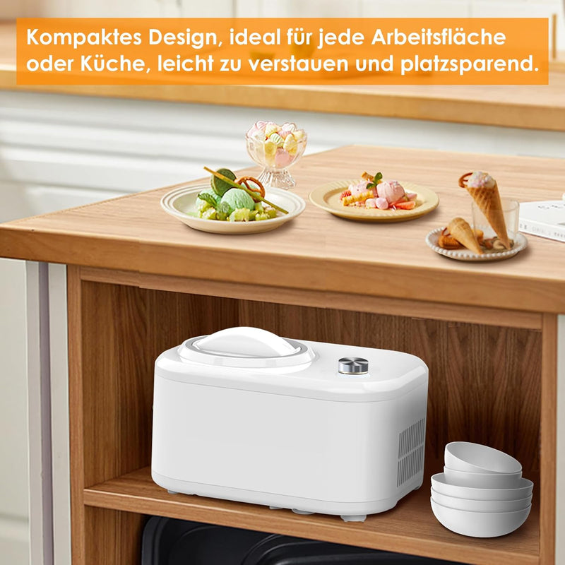 Homtone Eismaschine 0.8 L mit Kompressor 100 W, Ice Cream Maker ohne Vorgefrieren, Herstellung von E