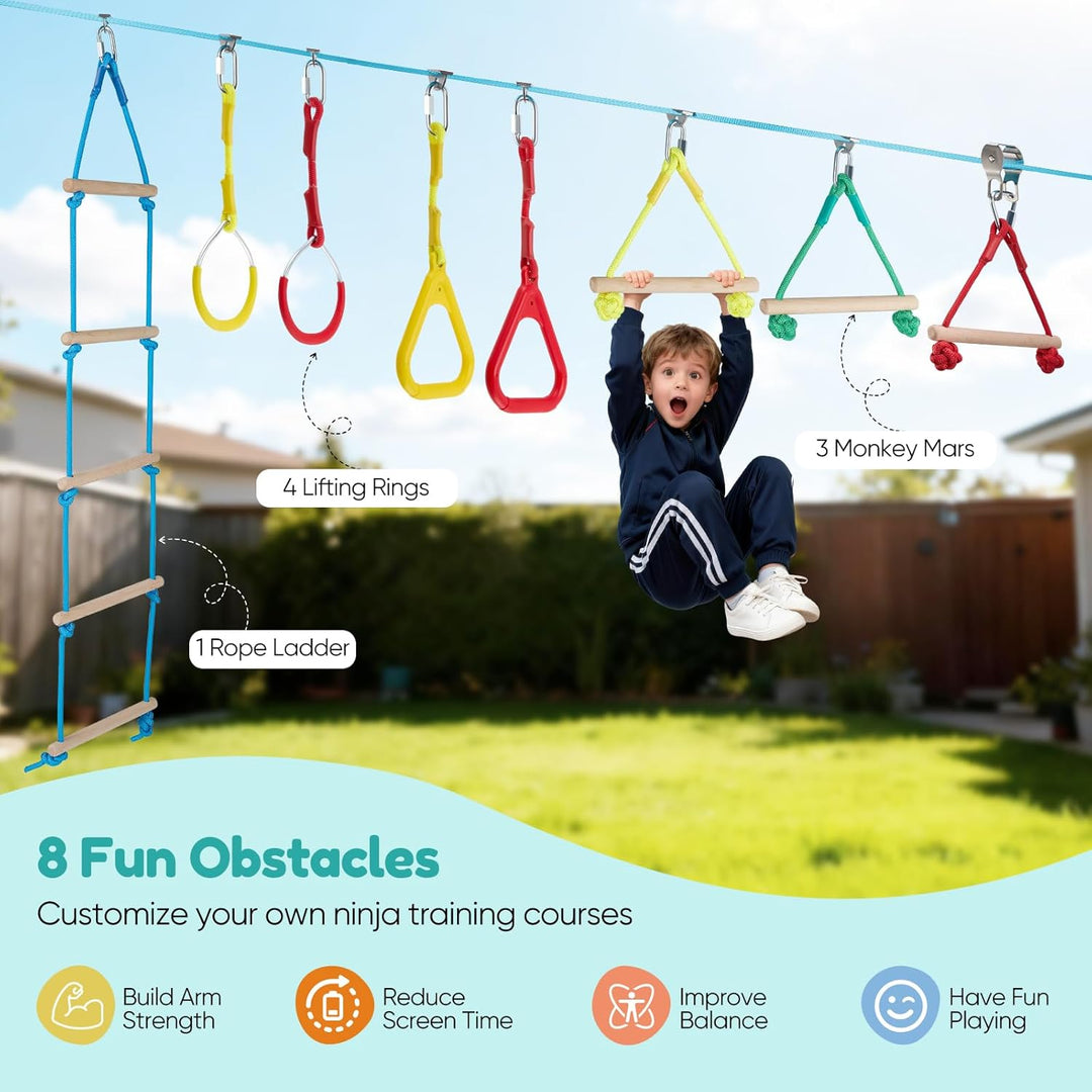 8-in-1 Slackline Set für Kinder 3-10 Jahre, Ninja Kletterhindernisse Garten, mit Seilrutsche Affenst