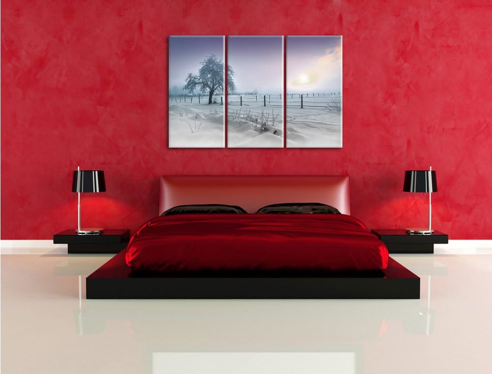 Pixxprint Einsamer Baum in Winterlandschaft schwarz/weiss 3-Teiler Leinwandbild 120x80 Bild auf Lein