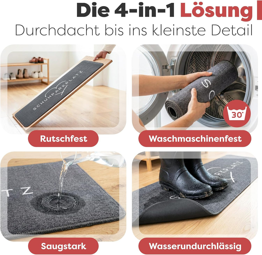 Schuhparkplatz Fussmatte Grau 100x33 cm – rutschfeste Schuhmatte & Waschbarer Schuhteppich mit Gummi