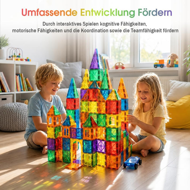 Playpals Magnetische Bausteine 120 Teile mit 2 Autos für Kinder ab 3 Jahren | 2D- &amp; 3D-Bauen, STEM-L