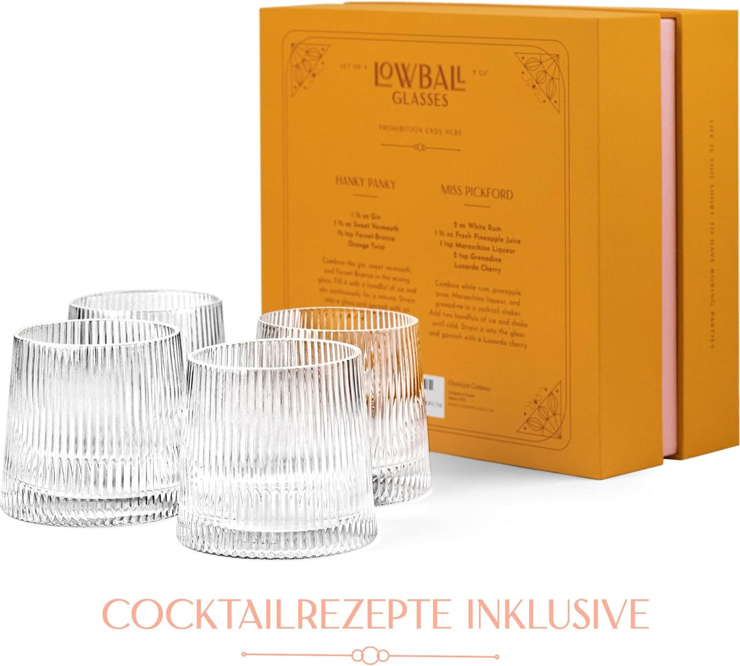 GLASSIQUE CADEAU Vintage Art Deco Speakeasy Gerippte Gin + Rum Rocks Cocktailgläser | 4er Set | 260