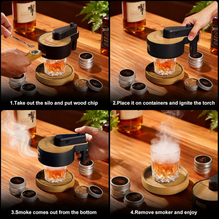 Whiskey-Smoker-Set mit integriertem Feuerzeug, 6 Sorten Holzspäne, 2 Gläser, 2 Eisballformen, Cockta