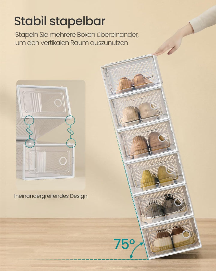 SONGMICS Schuhboxen, 12er Set, Aufbewahrungsbox für Schuhe, robust, faltbar und stapelbar, für Schuh
