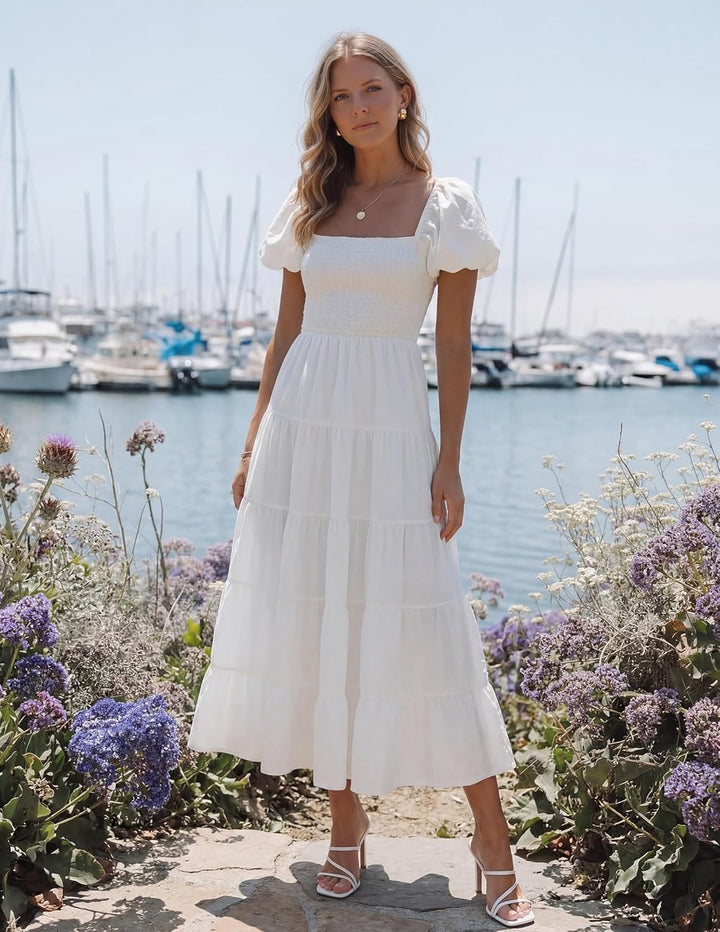 ZESICA Damen-Sommerkleid, eckiger Ausschnitt, Kurze Puffärmel, einfarbig, hohe Taille, lässig, flies