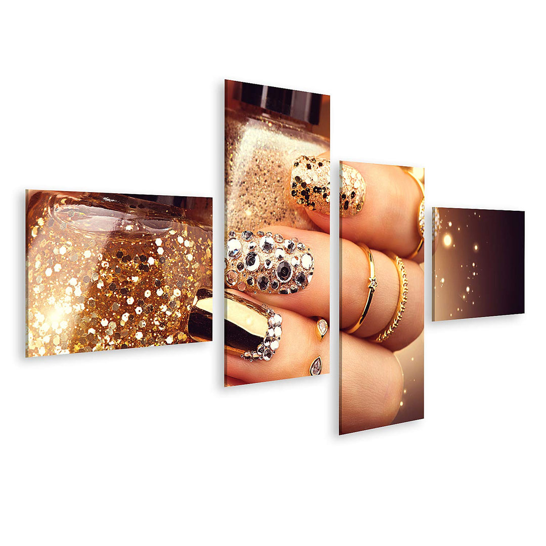 islandburner Bild auf Leinwand Goldene Maniküre Mit Edelsteinen Und Glitzern Flasche Nagellack Trend