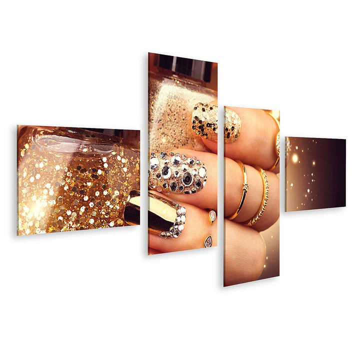 islandburner Bild auf Leinwand Goldene Maniküre Mit Edelsteinen Und Glitzern Flasche Nagellack Trend