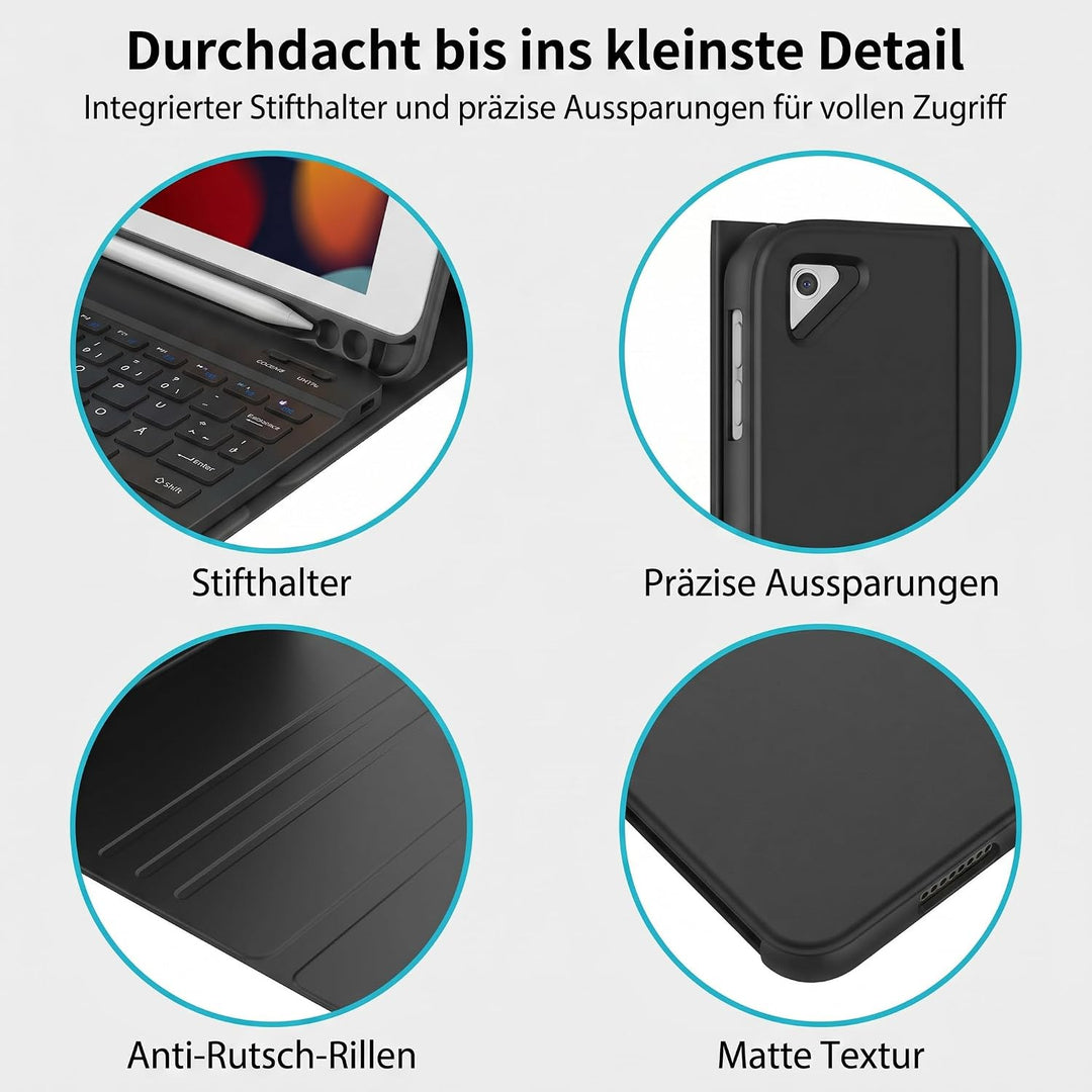 iPad 9 Generation Hülle mit Tastatur, Passend für die 8/7, Schwarz | QWERTZ, Beleuchtete, Magnetisch