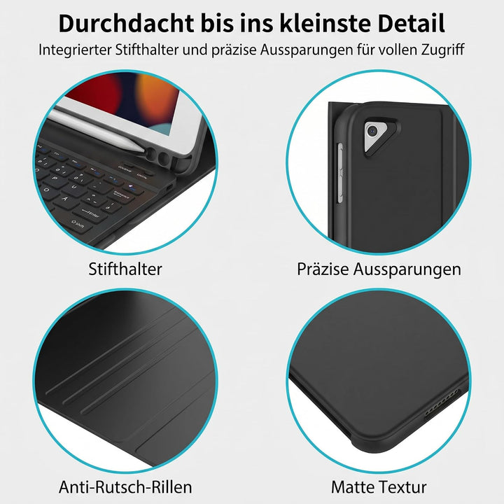 iPad 9 Generation Hülle mit Tastatur, Passend für die 8/7, Schwarz | QWERTZ, Beleuchtete, Magnetisch