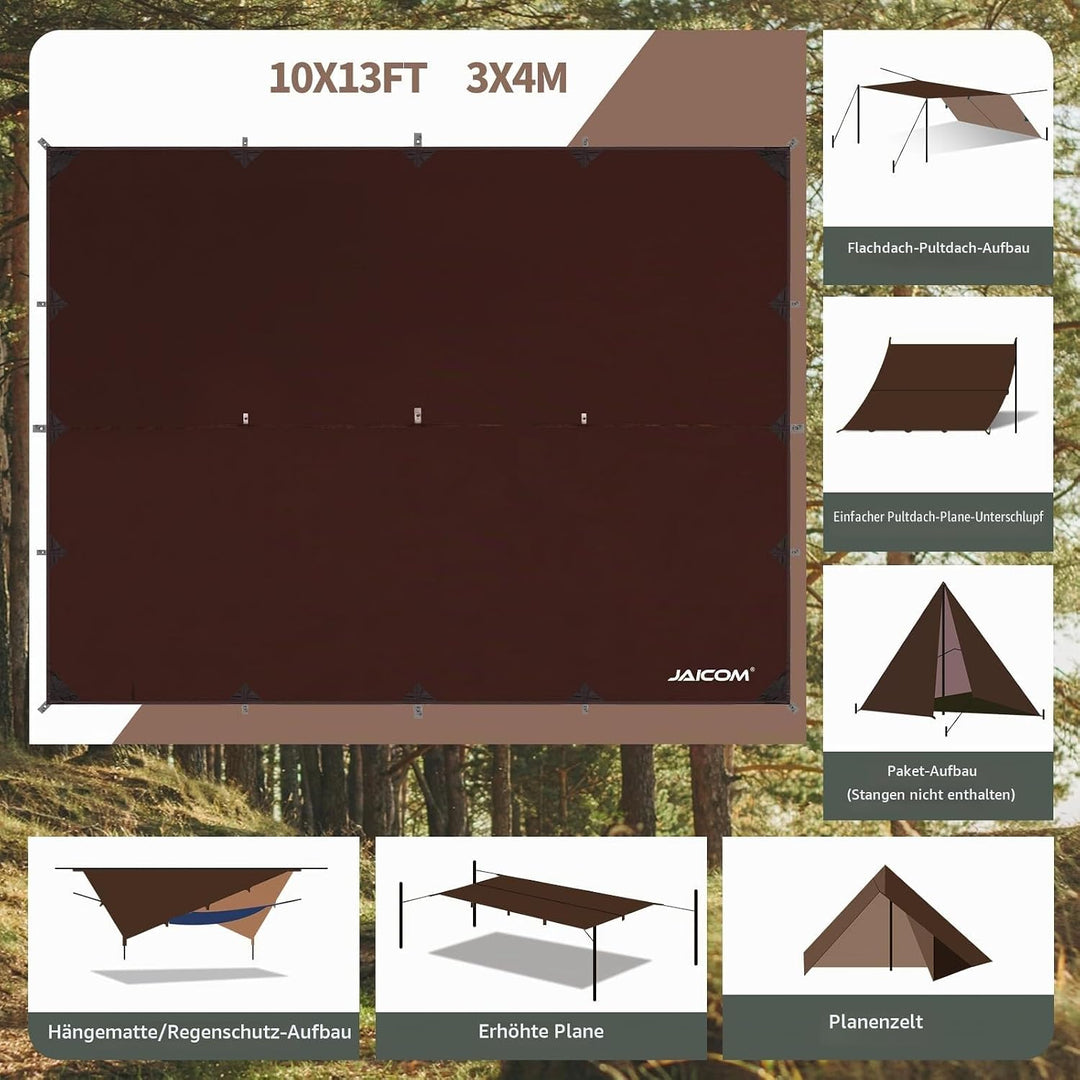 JAICOM Tarp Wasserdicht - 3x3M/4M/5M Camping Zeltplane, Ultraleicht und Tragbar, UV-Schutz &amp; Schnee