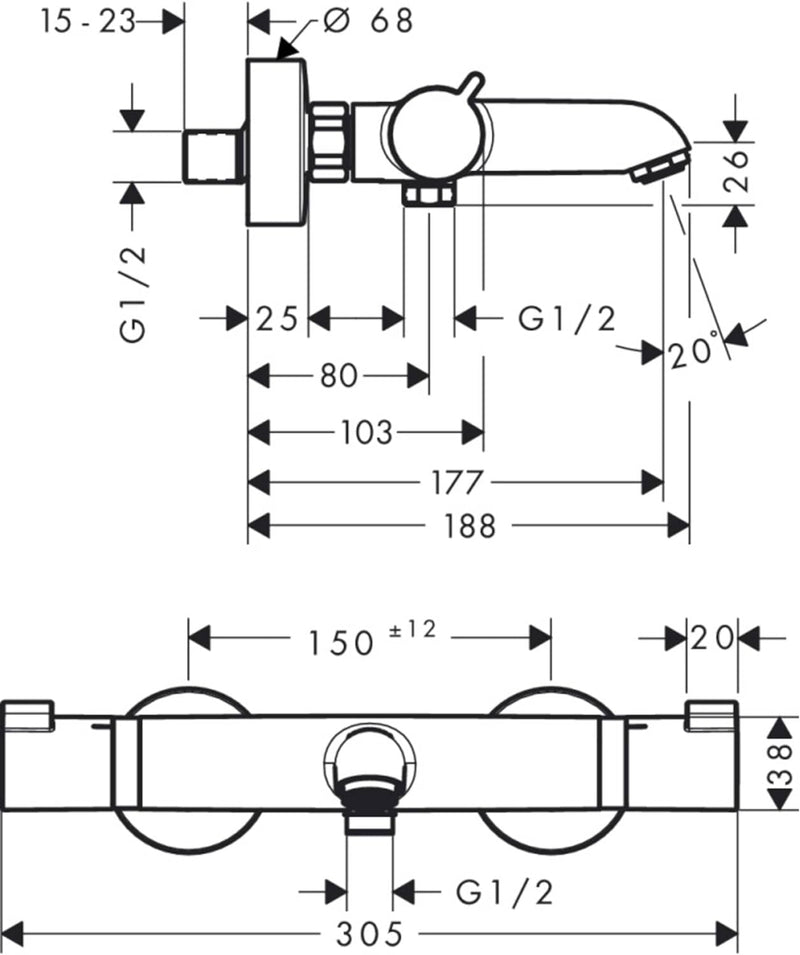 hansgrohe Ecostat Aufputz Wannenthermostat, für 2 Funktionen, Mattschwarz