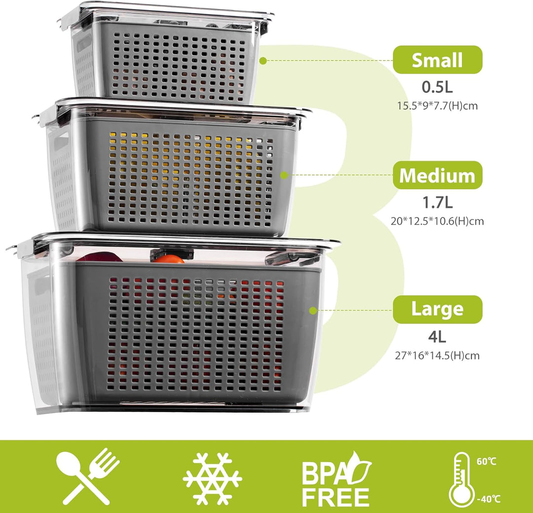 Luxear 3 Set Frischhaltedosen Obst Gemüse mit Deckel Sieb, 4L+1,7L+0,5L BPA frei Vorratsdosen, Kühls