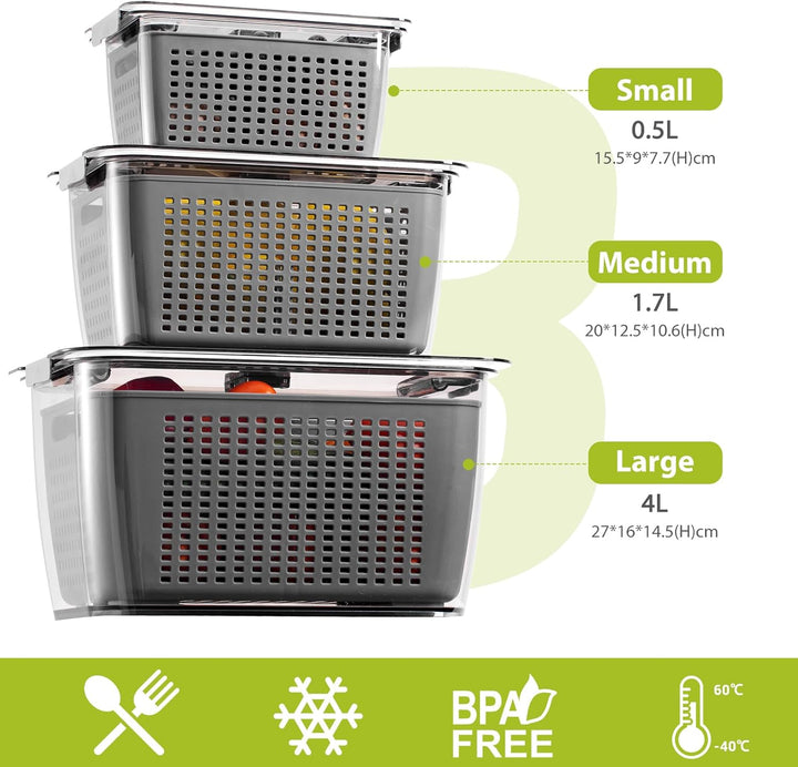 Luxear 3 Set Frischhaltedosen Obst Gemüse mit Deckel Sieb, 4L+1,7L+0,5L BPA frei Vorratsdosen, Kühls
