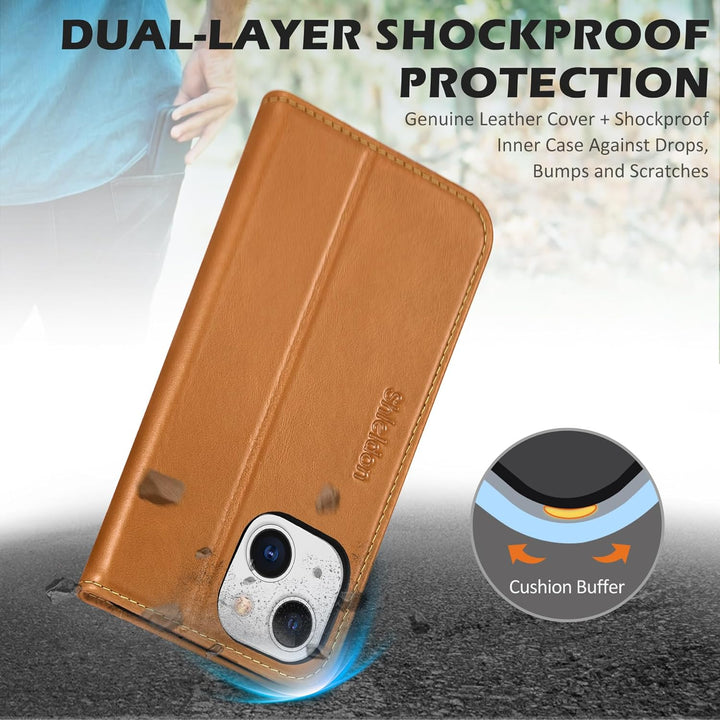 SHIELDON Hülle für iPhone 13 Mini, Schutzhülle [Rindsleder] [Stossfest] [Kartenfächer] [Magnetversch
