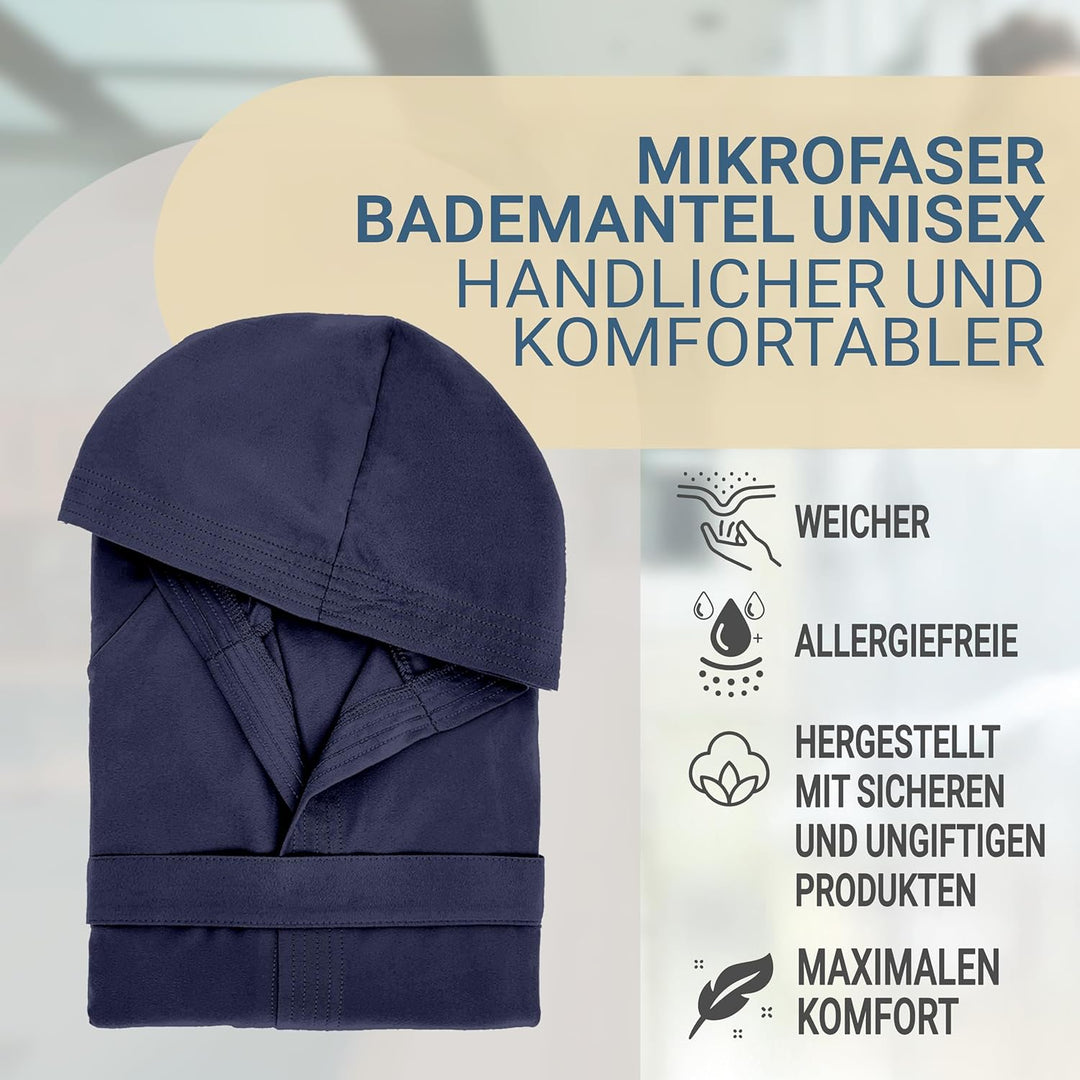Dorian Home Bademantel aus Mikrofaser für Herren und Damen, Unisex, mit praktischen Taschen und Kapu