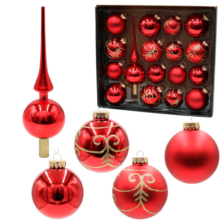 Dekohelden24 Lauschaer Christbaumschmuck-16er Set Kugeln inkl. 1 Baumspitze aus Glas, für Weihnachte