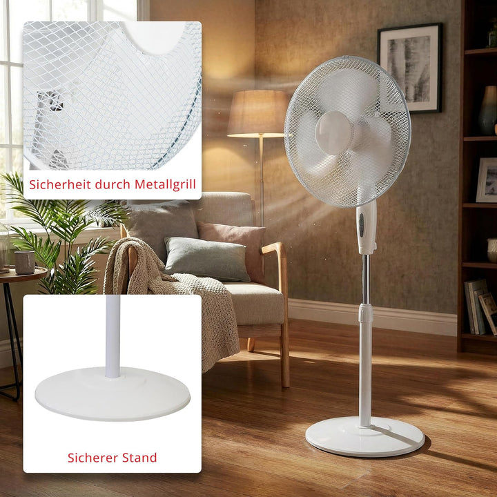 Grafner Standventilator 40 cm, 3 Geschwindigkeitsstufen, höhenverstellbar 105–120 cm, 80° Schwenkfun
