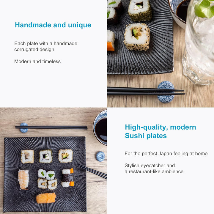 INTIRILIFE 6x Sushi Platte Servier Teller aus Porzellan in Schwarz - 26 x 23.4 x 3.8 cm - Japanische