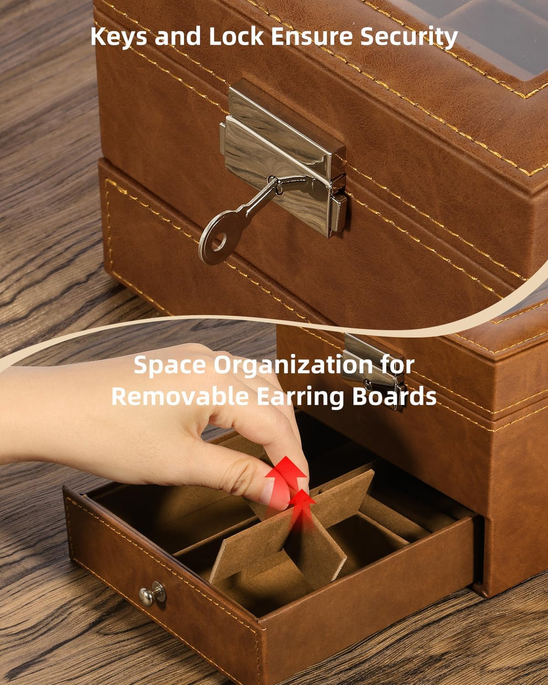 Uten Uhrenbox, 6 Fächern und 1 Schublade mit Schlüsselschloss, Glasdeckel, Braunes PU, Braunes Samtf