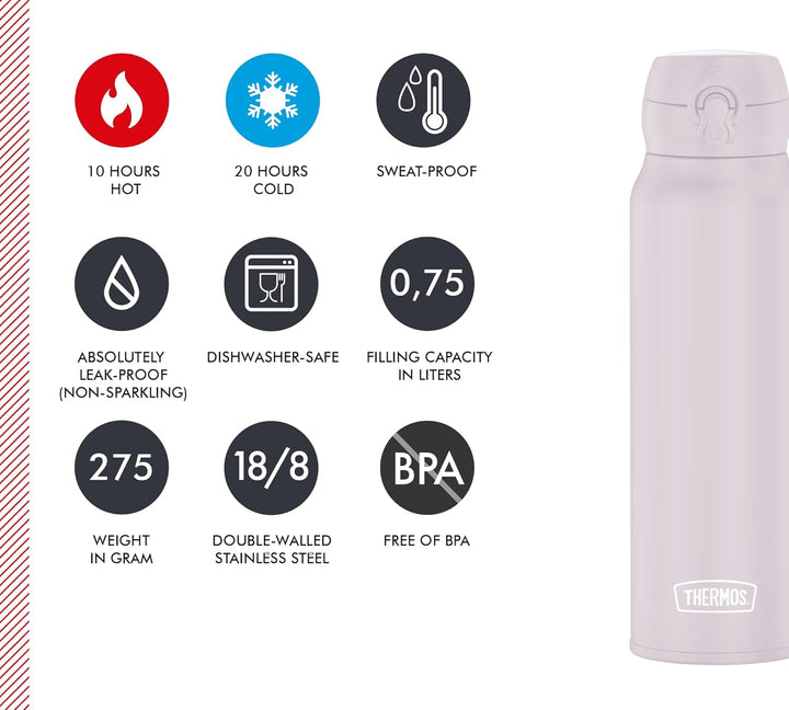 THERMOS ULTRALIGHT BOTTLE 0,75l, soft pink mat, Thermosflasche aus Edelstahl, 10 heiss / 20 h kalt,