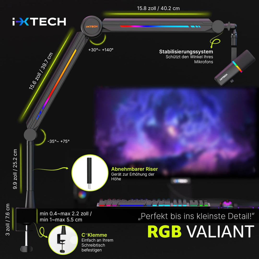 IXTECH RGB Mic Boom Arm High Profile, Overhead Boom Arm Mikrofonständer Schreibtischhalterung, verst
