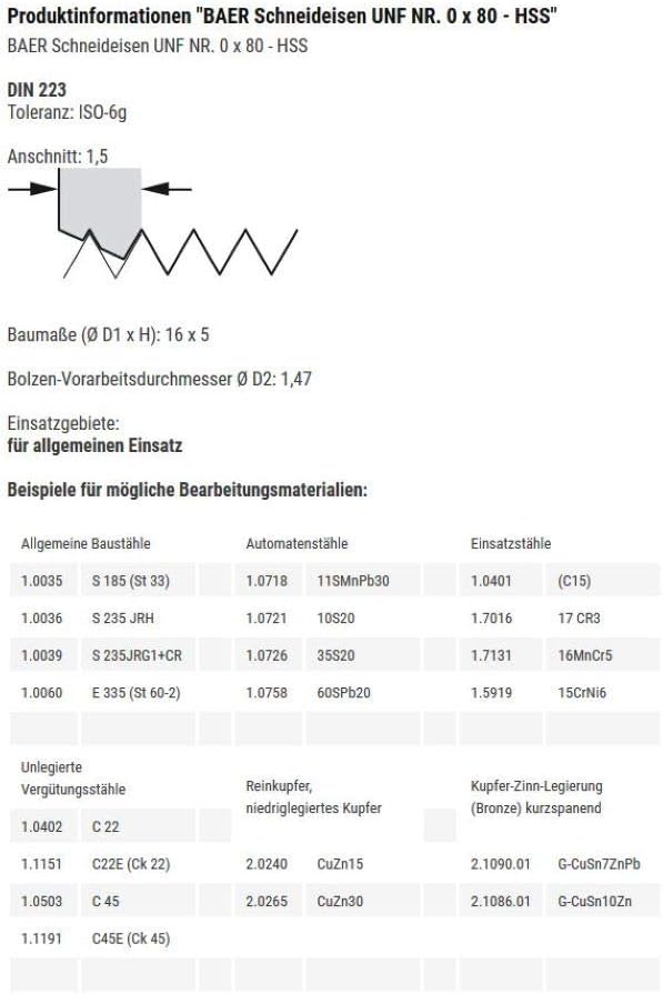 BAER Schneideisen UNF NR. 0 x 80 - HSS Gewindeschneider - Aussengewindeschneider - Gewindeschneideis