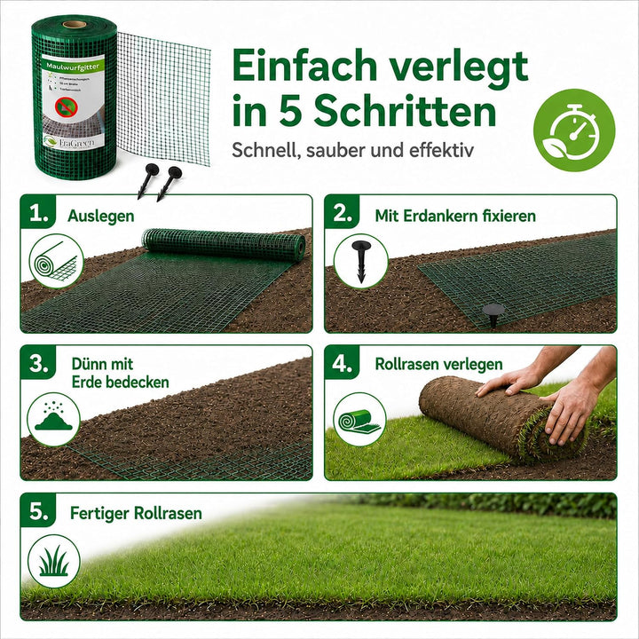 EraGreen® Maulwurfgitter 80 m x 1,2 m Breite Inklusive 80 Erdanker GRATIS - Maulwurfschutz für Rollr