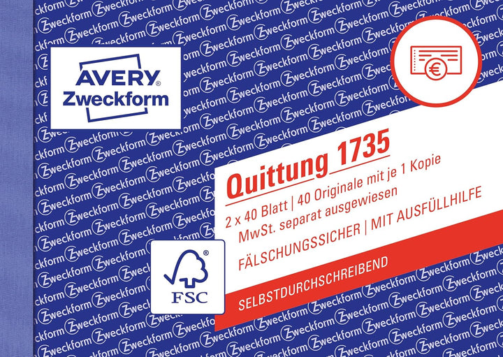 AVERY Zweckform 1735-10 Quittungsblock (A6 quer, 2x40 Blatt, selbstdurchschreibend, fälschungssicher