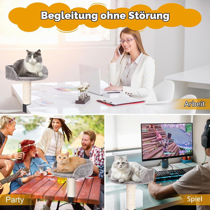 Hivexagon Katzen-Schreibtischbett mit Kratzsäule und weicher Plüschpolsterung. Ermöglicht Ihrer Katz