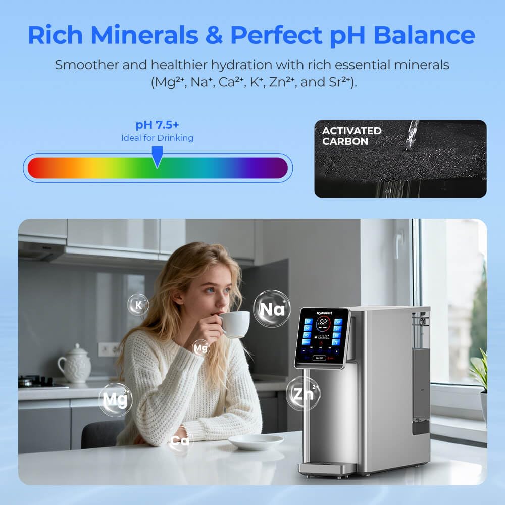 W100 UV Auftisch Umkehrosmoseanlage Wasserfilter, Heisswasserspender, Remineralisierung und pH-Gleic